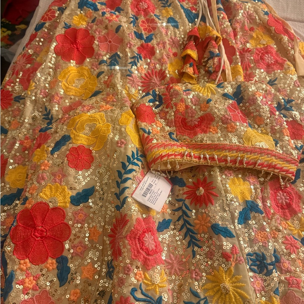 Embroidered Floral Sequin Bridal Dress - Cream with Pink, Yellow & Blue